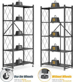 5-Tier Folding Metal Storage Shelf with Wheels, Heavy Duty Organizer Rack Holds 750 lbs, No Assembly Utility Shelving for Kitchen, Garage, Pantry, Living Room, Office (New Upgrade - Black, 5 Tier)