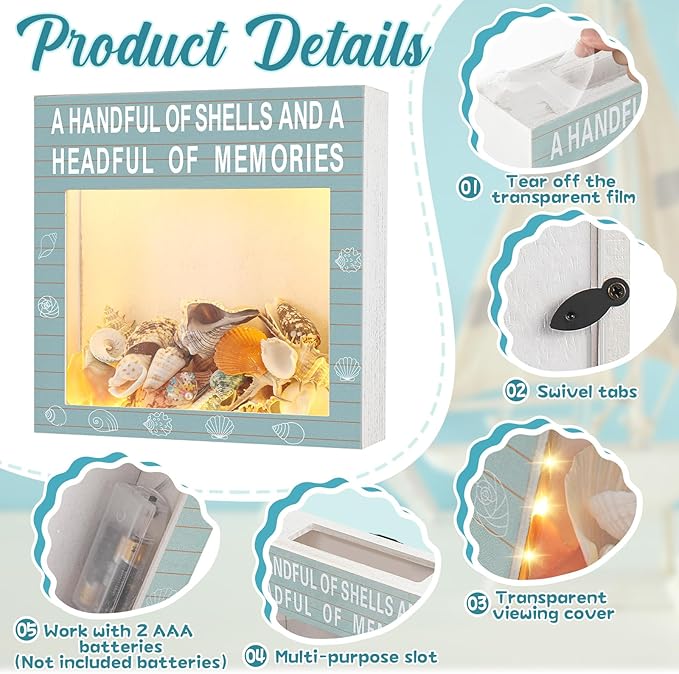 Juexica Seashell Holder with Light Display Box Room Decor Ocean Themed Gifts for Christmas Display Case Sea shells Beach Coastal Decor Acrylic Wall Hanging (Retro Blue,Shells)