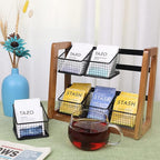 HTB 2 Tier Tea Organizer for Tea Bags, Tea Bag Holder with Acacia Wood Stand and 6 Removable Metal Basket for Sugar Packets, Sweeteners, Creamers for Cabinet, Countertop or Wall-mounted