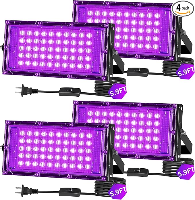 50W LED Black Lights IP66 Waterproof Black Light Outdoor with 5.9ft Plug+Switch, Flood Blacklight for Halloween Glow in The Dark Party Stage Light Neon Glow Birthday 4 Pack