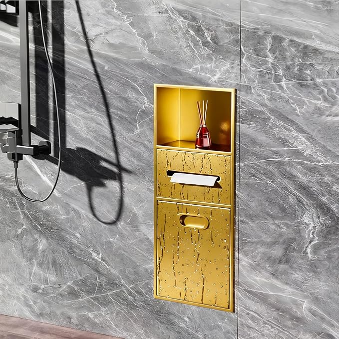 Stainless Steel Shower Nich, 25.4X11.2IN Recessed Waterproof Bathroom Niche, Built-in Trash Can Alcove, Toilet Paper Toiletries Storage Rack for Kitchen Living Room Bedroom Hotel Residential