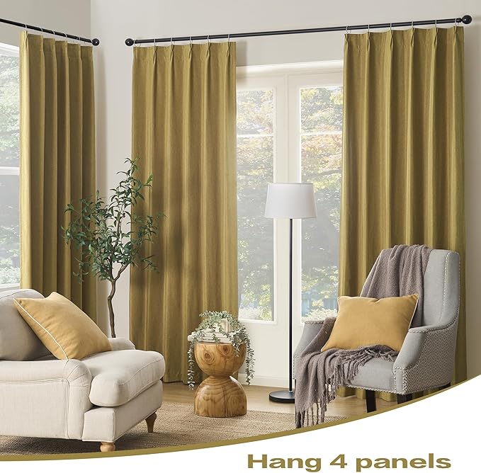 DUALIFE Mustard Yellow Pinch Pleated Blackout Curtains 95 Inches Long, Back Tab with Hooks, Linen Full Black Out Thermal Insulated Track Curtain for Bedroom Living Room,50 W x 95 L, 2 Panels