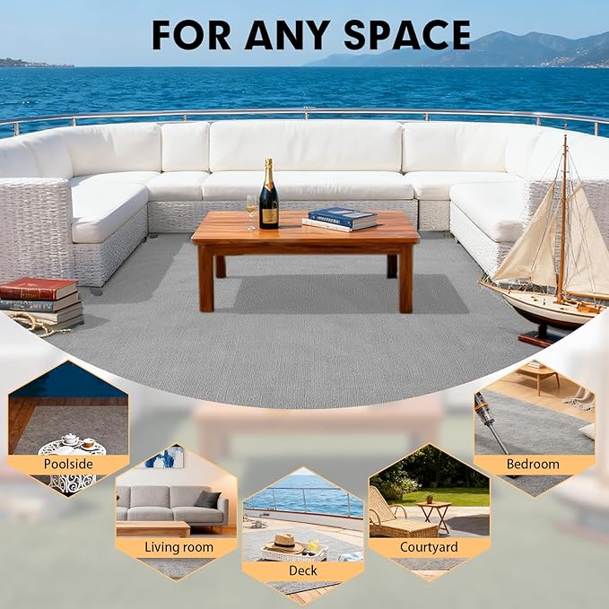 Marine Carpet,6 FT x 14 FT Smoke Gray Indoor Outdoor Carpet 0.2" Thick Boat Carpet with Water-Proof TPE Backing, Non-Slide Outdoor Marine Carpet Roll for Home, Patio, Porch, Deck