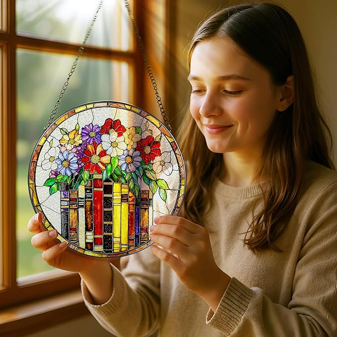 8-Inch Flower Books Stained Glass Ornament, Stained Glass Window Hanging, Window Hanging Decor Suncatcher – Holiday Decor | Gifts for Bookworm, Book Reader, Book Lovers | Holiday Decorators