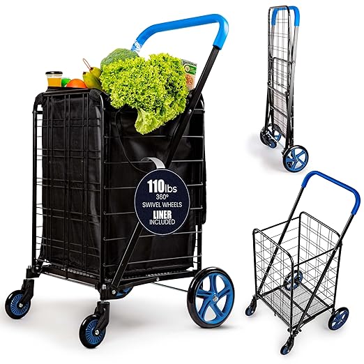SereneLife Large Folding Utility Shopping Cart with Removable Liner – Heavy Duty, 360° Swivel Wheels, 110 lb Capacity, Portable for Groceries, Laundry, Luggage, and More (Blue)