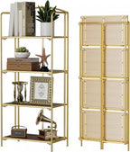 Crofy No Assembly Folding Bookshelf for Living Room, 4 Tier Gold Collapsible Book Shelf for Home Office, Portable Bookcase Storage Organizer