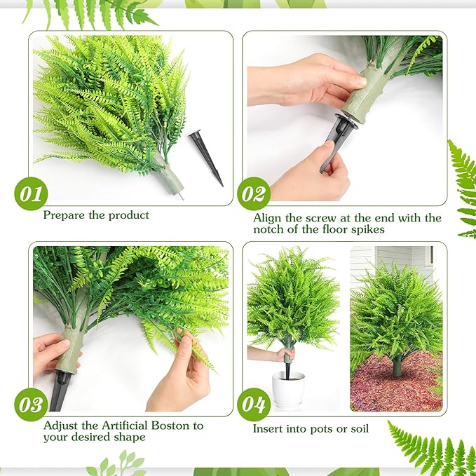 2 Artificial Boston Fern with Integrated Ground Stake 24'' Realistic UV Resistant Faux Plant with Spike for Indoor Outdoor Garden Yard Spring Summer Wedding Decoration