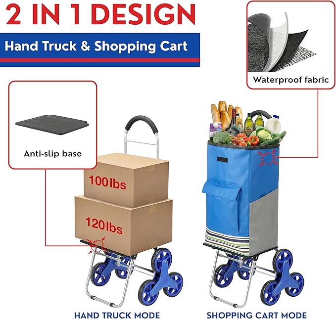 Shopping Cart, Super Loading Stair Climber 220 lbs Capacity, Grocery Foldable Trolley with Extra Large Shopping Bag Laundry Utility Cart with Adjustable Bungee Cord, blue
