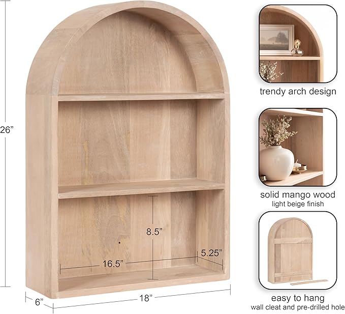 Kate and Laurel Arcott Modern Arched Wall Shelf, 18 x 26, Natural Wood, Transitional Arch Wall Shelves for Over-The-Toilet Storage or Entryway Storage Shelf