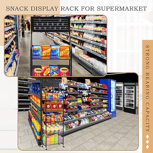 1 Set Retail Display Rack Shelf Cart with Wheels and Hook Heavy-Duty Metal Snack Potato Chip Display Organizer Concession Stand for Supermarket Grocery Store Home Black (5 Tier 15 Hooks)