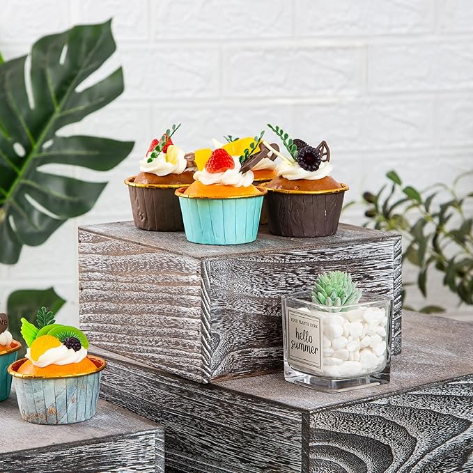 Vintage Brown Square Wooden Cake Stands For Display,Set Of 4 Wood Cupcake Stands Risers, 12 Inches Rustic Wood Crates For Wedding Cake Display,Square Wooden Display Risers For Home Decor . (Vintage Black)