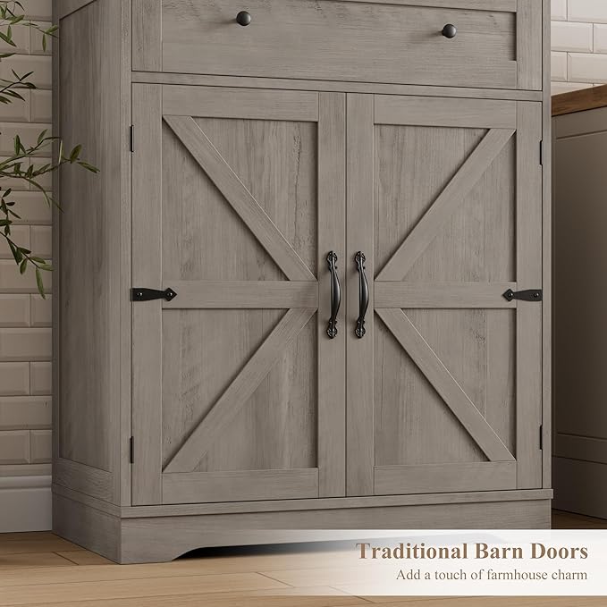 HOSTACK 71" Tall Pantry Cabinet, Farmhouse Kitchen Pantry with Storage Shelves, Barn Doors Food Storage Cabinet, Freestanding Kitchen Hutch with Large Drawer for Dining Room, Living Room, Ash Gray