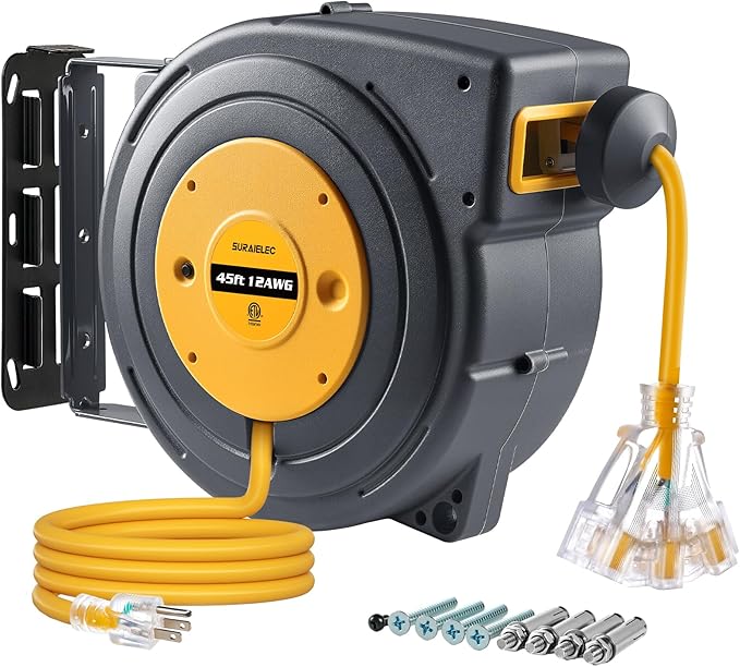 SURAIELEC 12 Gauge Extension Cord Reel, 45 FT Retractable Extension Cord, 12 AWG/3C SJTOW Heavy Duty Power Cord, 15 AMP Circuit Breaker, Lighted Triple Tap, Ceiling or Wall Mount, ETL Listed