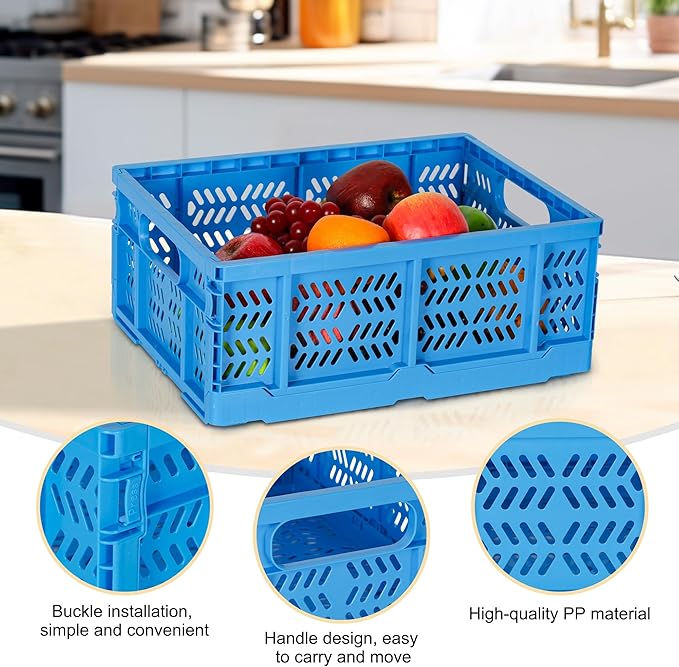 Heavy Duty Plastic Milk Crates for Storage, 4-Pack Stackable Storage Bins for Organizing, Collapsible Storage Basket with Handle for Groceries, Suitable for Home Office School Store, Blue