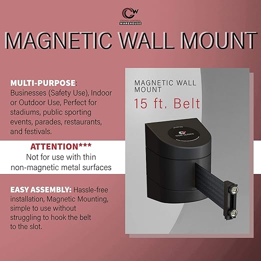 Crowd Control Warehouse - CCW Series WMB-220 Magnetic Wall Mount Retractable Belt Barrier - 15 Foot, Magenta and Yellow Diagonal Belt with Black ABS Case