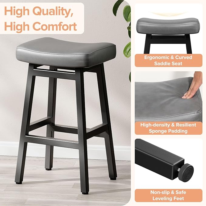 29 Inches Bar Stools Set of 2, Bar Height Barstools for Home Counter, Blackless Barstool with Bonded Leather Saddle Seats & Heavy Duty Metal Legs, Easy Assembly, Gray/Black