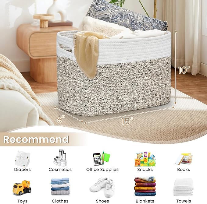 Shelf Woven Storage Basket, 15 x 10 x 9” Closet Rope Baskets For Organizing, Square Bins with Handles, White+Rice Brown 1 Pack