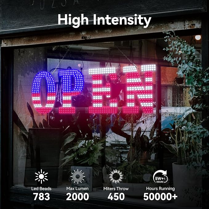 40" x 14" American Flag LED OPEN Sign with Remote Control, Dimmable Brightness, Flash Modes & Speed, Easy Hang Plug-in Storefront Window Sign for Shop, Bar, Salon