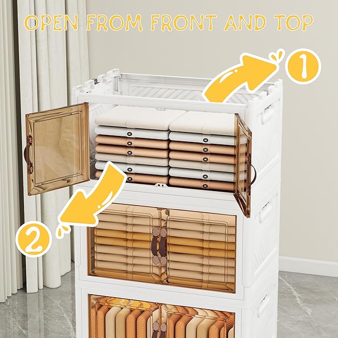 Storage Bins with 2 Lids and Wheels, 597QT-99.5QT*6Tier Collapsible Bathroom Storage Cabinet with Clear Doors, Plastic Stackable Closet Organizers and Containers White