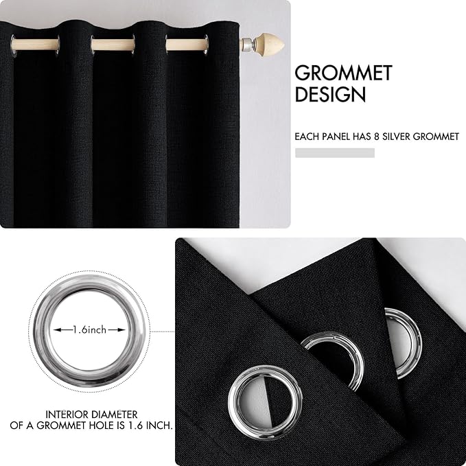 MIULEE Linen Texture Curtains for Bedroom Solid 100% Blackout Thermal Insulated Halloween Black Curtains Grommet Room Darkening Drapes for Living Room Nursery 52x45 Inch (2 Panels)
