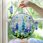 8-Inch Stained Glass Ornament, Stained Glass Window Hanging, Window Hanging Decor Suncatcher, Texas Bluebonnet Ornament | Christmas, Mother's Day, Birthday | Gifts for Mom, Garden Gifts for Friends