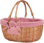 G GOOD GAIN Wicker Picnic Basket with Double Folding Handles,Willow Picnic Hamper,Natural Hand Woven Easter Basket,Easter Eggs and Candy Basket,Bath Storage,Gift Packing Basket.Red