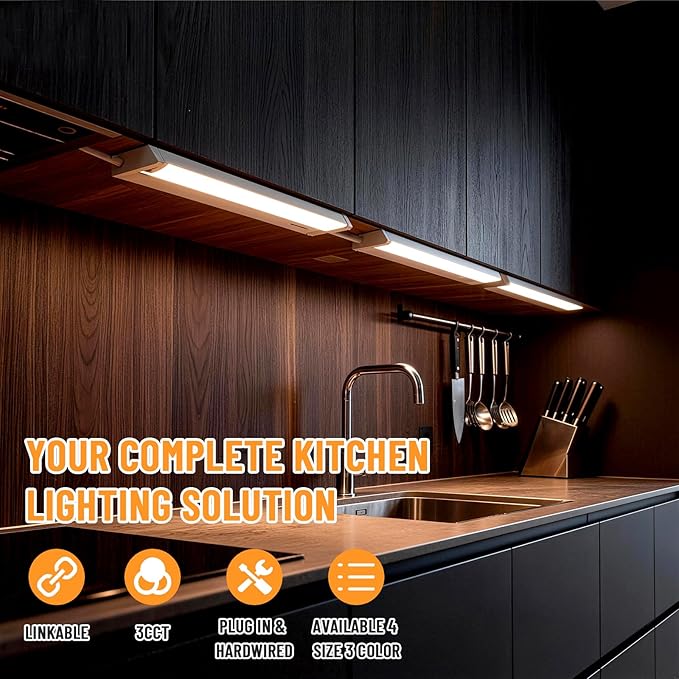 24" 6Pack Hardwired Under Cabinet LED Light Plug in, 16W 1200LM, 3CCT (3000K/4000K/5000K), Rotatable 45°, Connect Up to 10 Fixtures, Under Counter Lights Linkable for Kitchens and Offices,YT-4208-22-6