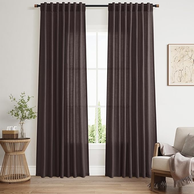 Nanspring Cocoa Coffee Linen Blend Light Filtering Back Tab Curtains 84 Inches Long, Semi Sheer Privacy Drapes for Living Room & Bedroom Simple Style, 52x84 inch, 2 Panels