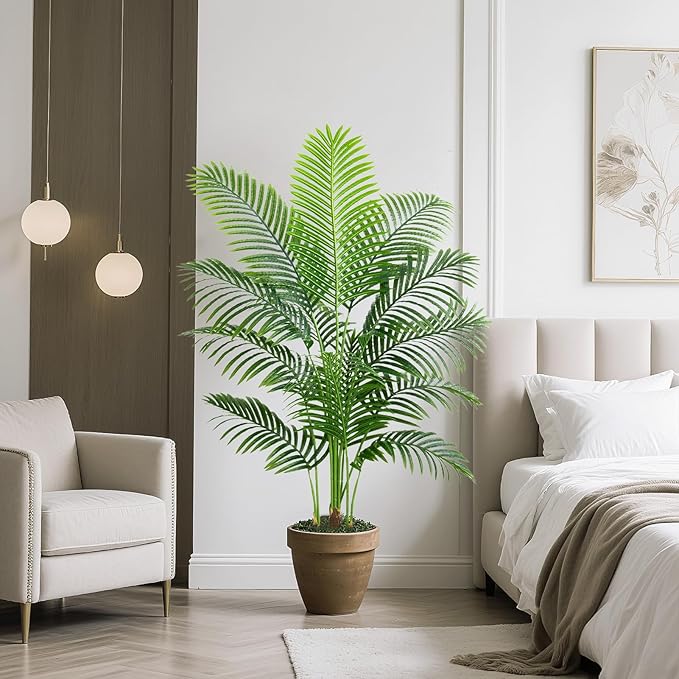 Artificial Palm Tree 4FT Faux Plants Indoor Tropical Fake Palm Tree Areca Floor Plant in White Pot with 13 Trunks & Real Bark Design, Faux Palm Plant for Outdoor Patio Home Room Office Decor