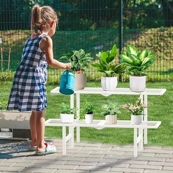 2 Tier Metal Foldable Plant Stand Outdoor Indoor Waterproof, Stackable Heavy Duty Outdoor Plant Shelf, Ladder Plant Stands Display Rack for Garden Window, White