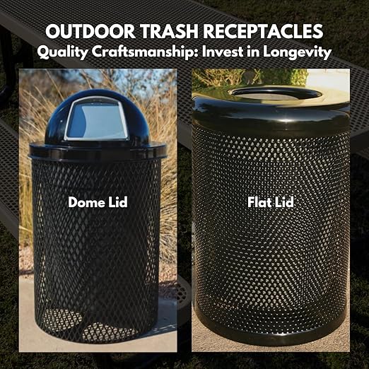 COATEDOUTDOORFURNITURE 32-Gallon Heavy-Duty Expanded Metal Round Trash Receptacle, Commercial Outdoor Waste Bin with Liner & Dome Lid – Made in America (Textured Yellow)