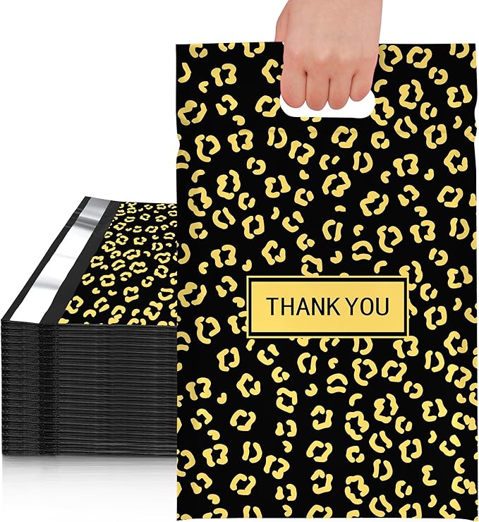 JinRuiKJ Poly Mailers with Handle 12x15.5 Inch 50 Pcs, Easy to Carry Packaging Bags for Small Business, Thank You Shipping Bags with Self Adhesive Strip, Tearproof and Waterproof - Gold leopard