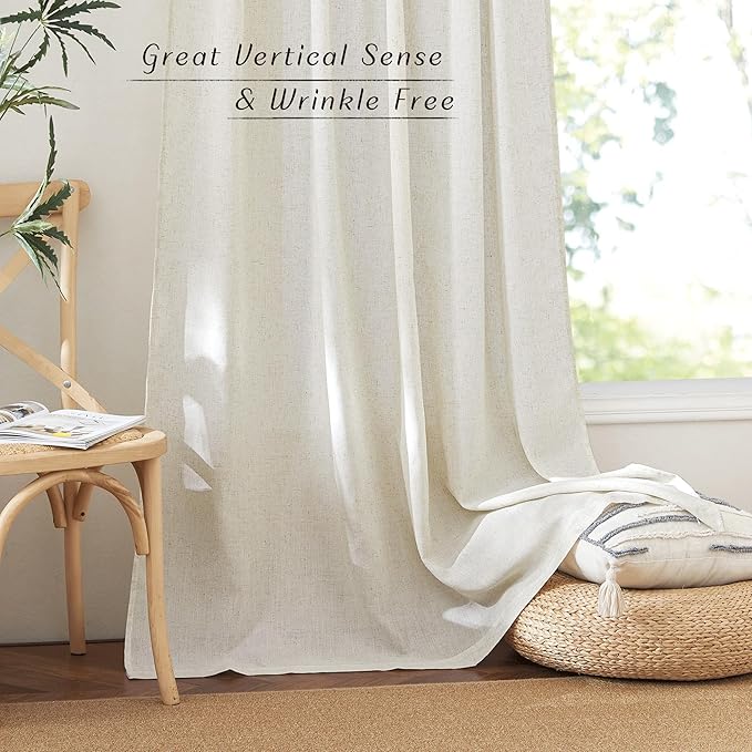 NICETOWN Natural Linen 132 inch Semi Sheer Curtains, Back Tab & Rod Pocket with Pleat Tab Privacy Added with Light Filtering Window Treatments for Living Room, W52 x L132, 2 Panels