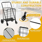 DWVO Utility Foldable Shopping Cart with Wheels, Large Portable Collapsible Rolling Grocery Cart with Reinforced Mesh Bottom for Laundry, Grocery, Luggage, Storage and Seniors, 220 lbs Capacity, Black
