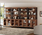 WAMPAT 4 PCS Modern 72" Tall Bookcases with Glass Doors and Adjustable Shelves, Library Book Shelf with Storage Cabinet and Open Book Shelfs, Wood Bookshelves for Home Office, Living Room, Brown