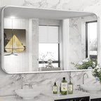 Brushed Nickel Bathroom Wall Mirror, Silver Metal Framed Large Rounded Corner Rectangle Mirror, Tempered Glass, Shatter Proof, Hangs Horizontally or Vertically (28" x 60", Silver)