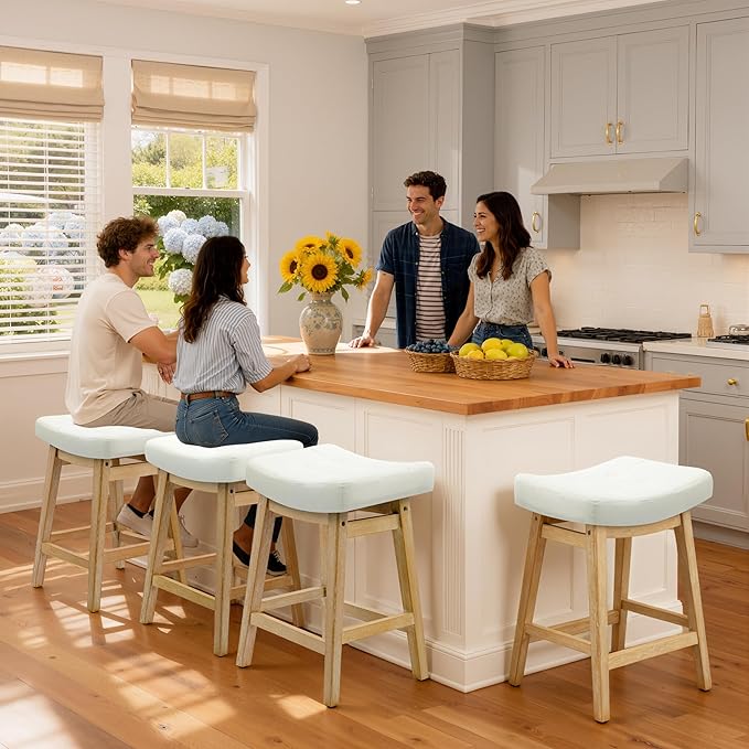 White Bar Stools Set of 3 for Kitchen Counter Island Counter Height Farmhouse Modern Barstools with Faux Leather Upholstered Backless Seat and Solid Wood Legs 24 inch Bar Chairs