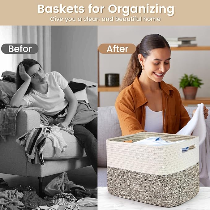 Shelf Woven Storage Basket, 15 x 10 x 9” Closet Rope Baskets For Organizing, Square Bins with Handles, White+Dark brown
