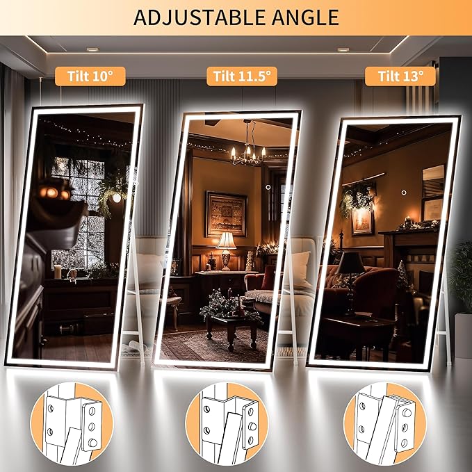 Hasipu Full Length Mirror with Lights, 79" x 32" LED Lighted Floor Standing Mirror, Full Body Dressing Hanging Mounted Mirrors, Dimmable, Tempered Glass, Safe to Use, Square White