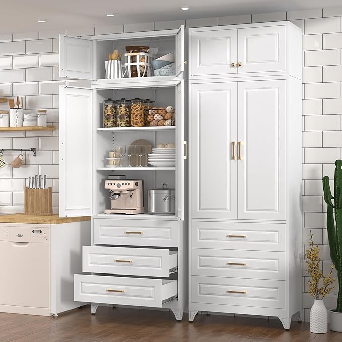 Kitchen Pantry Cabinet, Tall Storage Cabinets with Three Drawers, 90" H Metal Cabinet with Shelves, Freestanding Cupboard for Dining, Living Room, White, 16" D x 32" W x 90" H,Assembly Required