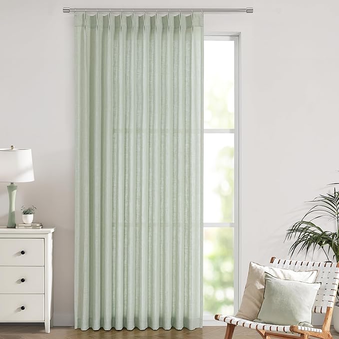 Vision Home Soft Green Pinch Pleated Semi Sheer Curtains Textured Linen Blended Light Filtering Window Curtains 120 inch for Living Room Bedroom Patio Pinch Pleat Drapes with Hooks 10FT 60" Wx120 Lx1