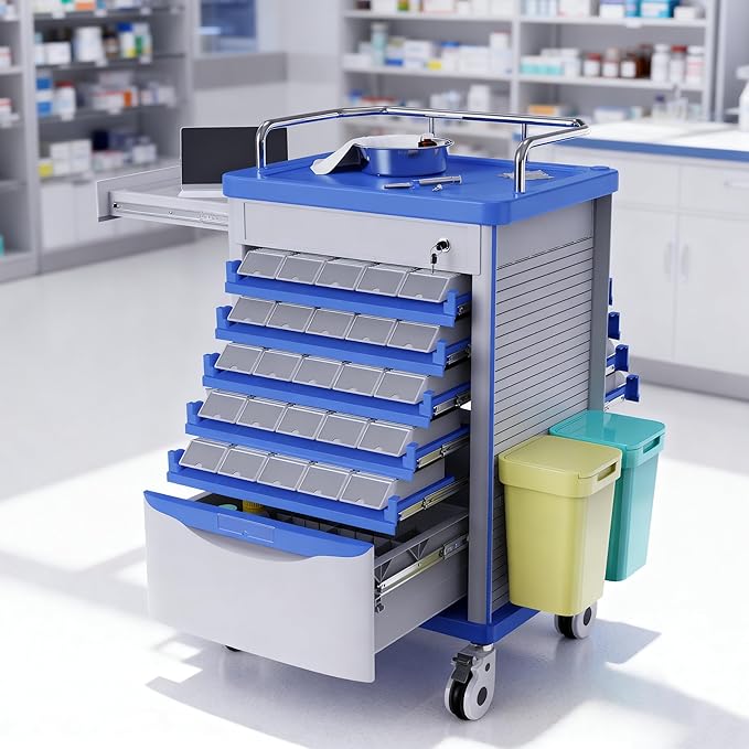 Medication Bins Cart with 200 Bins, 10 Drawers, Hidden Sub Workbench - Dual-Sided Open, 50 Medicine Boxes, Silent Casters, Container, 2 Trash Bin-Medical Crash Cart for Clinic, Hospital and Lab