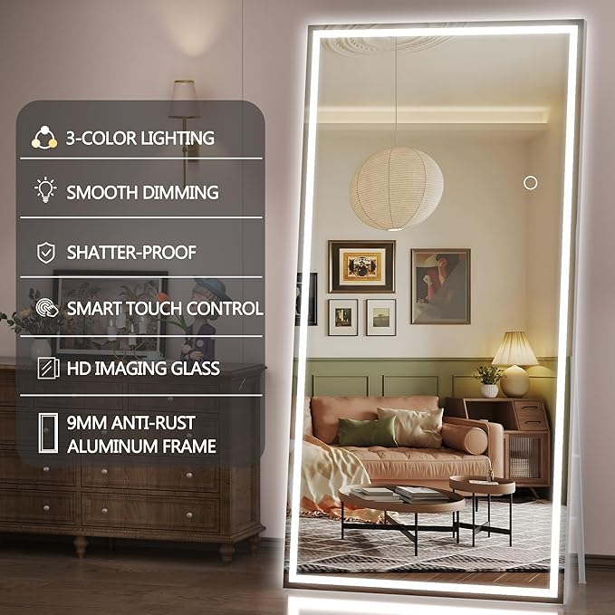 Hasipu Full Length Mirror with Lights, 75" x 28" LED Lighted Floor Standing, Full Body Dressing Hanging Mounted Mirror, Dimmable, Tempered Glass, Safe to Use, Square White