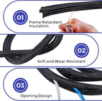 Cable Management Sleeves 1in - 2 Pack 6.6ft Split Braided Sleeve Black, Protectors From Pets, Wire Organizers, Flexible Wrap for Computer Cord Management