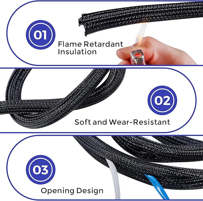 Cable Management Sleeves 1.2in - 2 Pack 4.1ft Split Braided Cable Sleeve Black, Hard PE Cord Protectors from Pets, Wire Organizers for Cords, Flexible Cord Wrap Wire Sleeve for Computer Cord Organizer