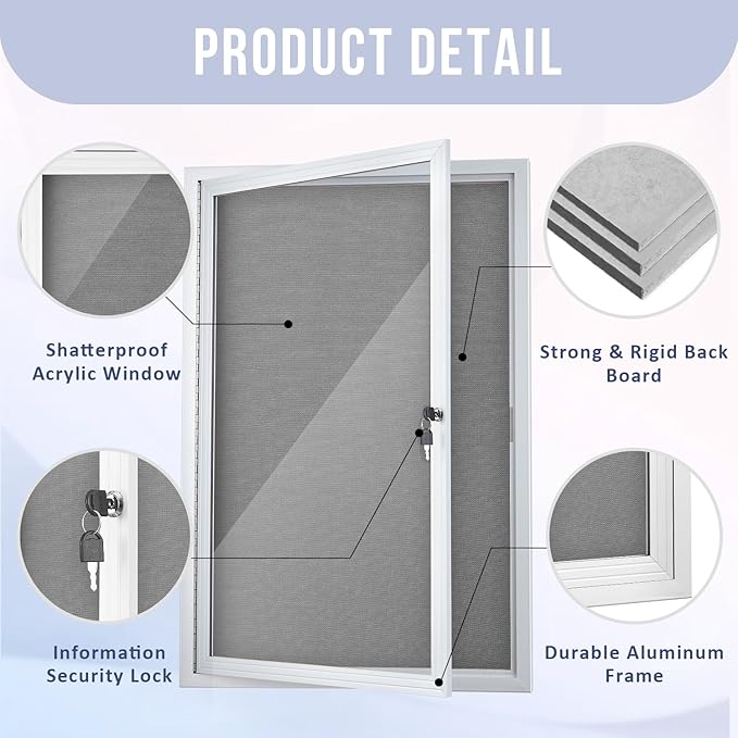 Enclosed Bulletin Board 36"x24" Outdoor Weatherproof Cork Noticeboard with Locking Door Wall-Mounted Gray Fabric Silver Aluminium Frame for Home, School, Office, Community, Hospital