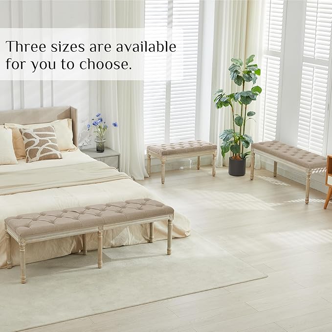 LOULENS 57.7" Linen Fabric End of Bed Bench, French Upholstered Button Tufted Bench for Bedroom End of Bed, Window Seat with Carved Wood Legs for Bedroom, Living Room, Entryway, Light Brown