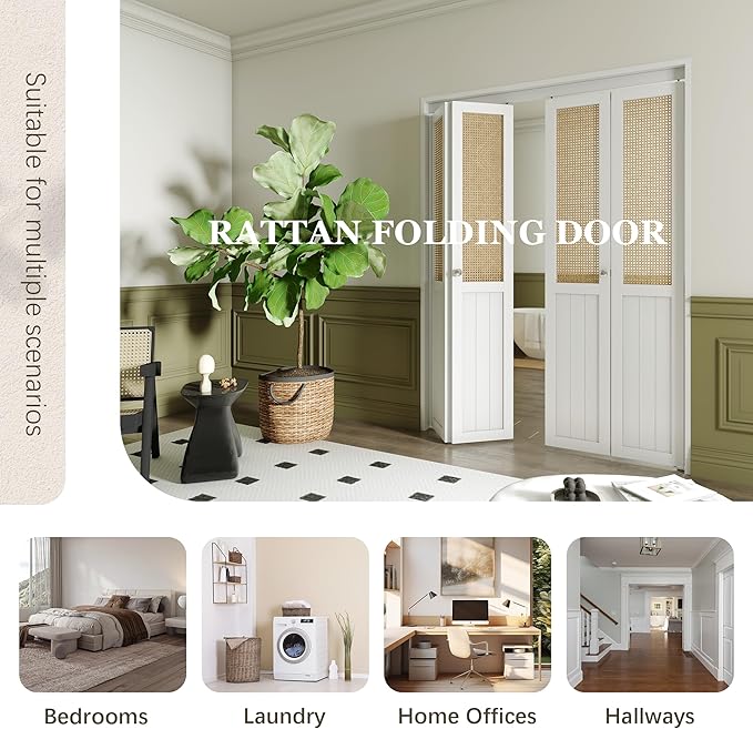 BARNER HOME Cane Bi-fold Doors - for 72"x 80" (Double 36" x 80" Doors) Opening, Webbing & Wood Interior Door Slab, Including Hardware, MDF, White Folding Door for Wardrobe