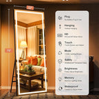 Full Length Mirror with Lights, 79" x 32" Large LED Lighted Floor Standing Body Mirror, Dimmable & 3 Color Lighting for Bedroom, Cloakroom, Dressing Room, Tempered Glass, Square Black