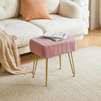 IBUYKE Velvet Rectangular Footrest Ottoman, Makeup Vanity Stool Side Table, Velvet Dressing Table Seat, Pouf Couch Stool, Golden Steel Legs, Pink LG-51P